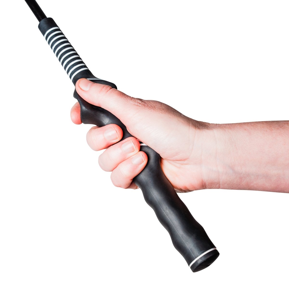 Hand gripping handle of whip it flirt pole for dogs