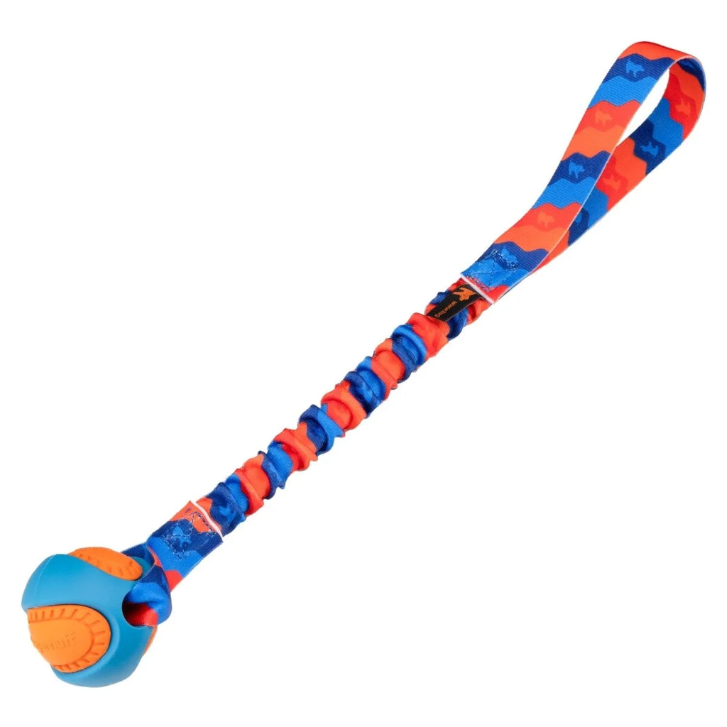 Durable orange and blue PowerBall tug toy for dogs with flexible bungee grip