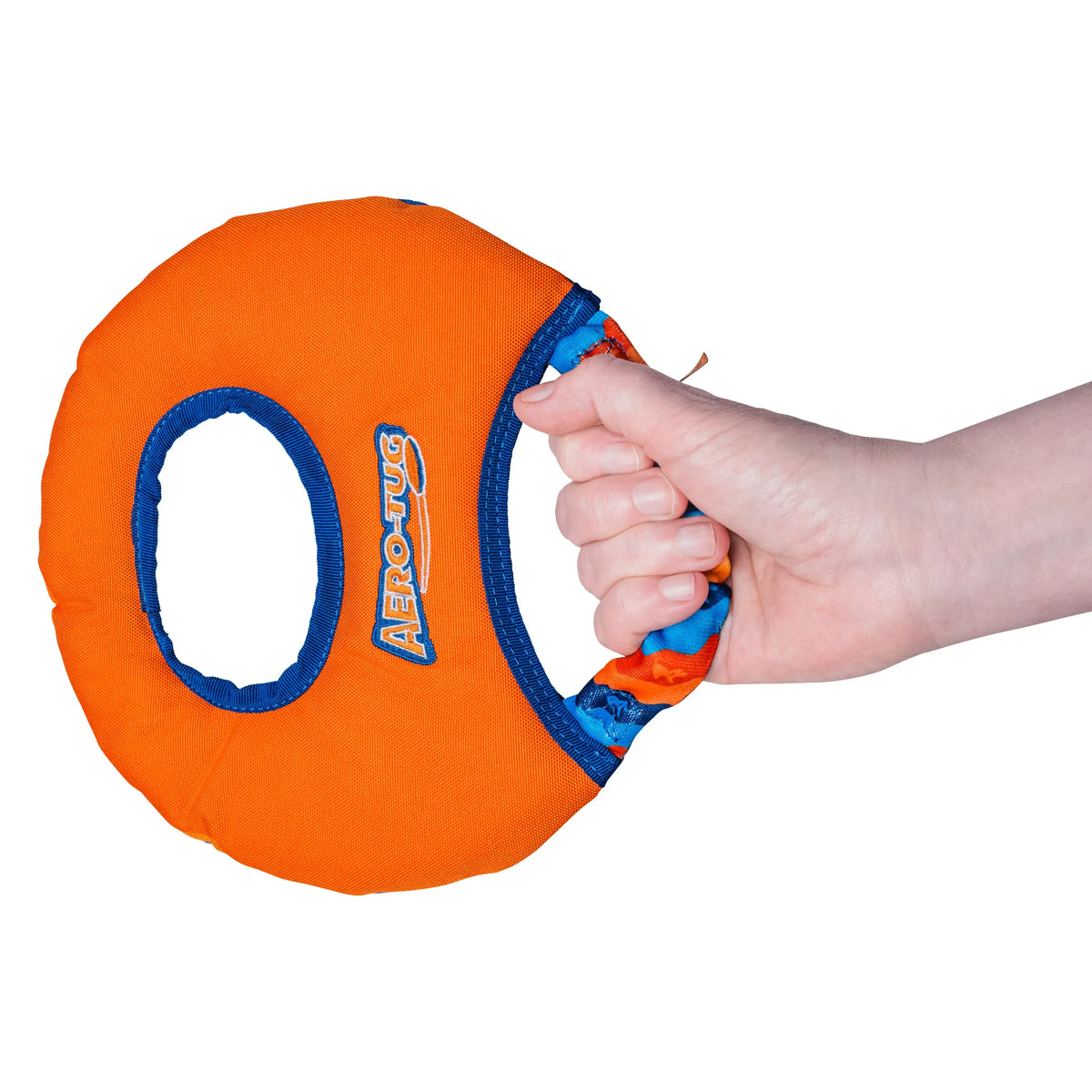 Tug-E-Nuff Aero-Tug Dog Frisbee - Orange Front Held