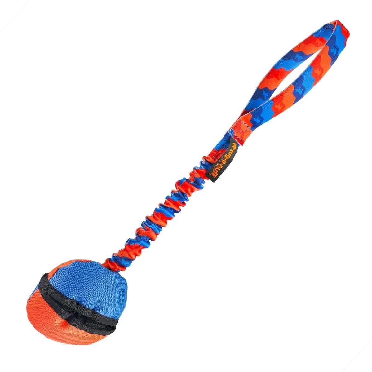 Orange and blue PowerClam Bungee Toy shown closed, with a durable clam shell and bungee handle built for tugging, treating, and boosting recall and focus
