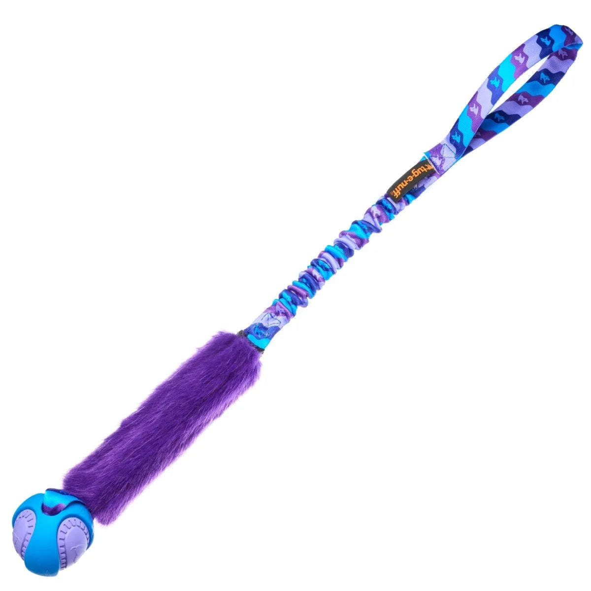 Purple Fauxtastic PowerBall Bungee Tug designed for high‑energy dogs, with a textured PowerBall, colourful handle, and faux fur bite zone for versatile, boredom‑banishing play