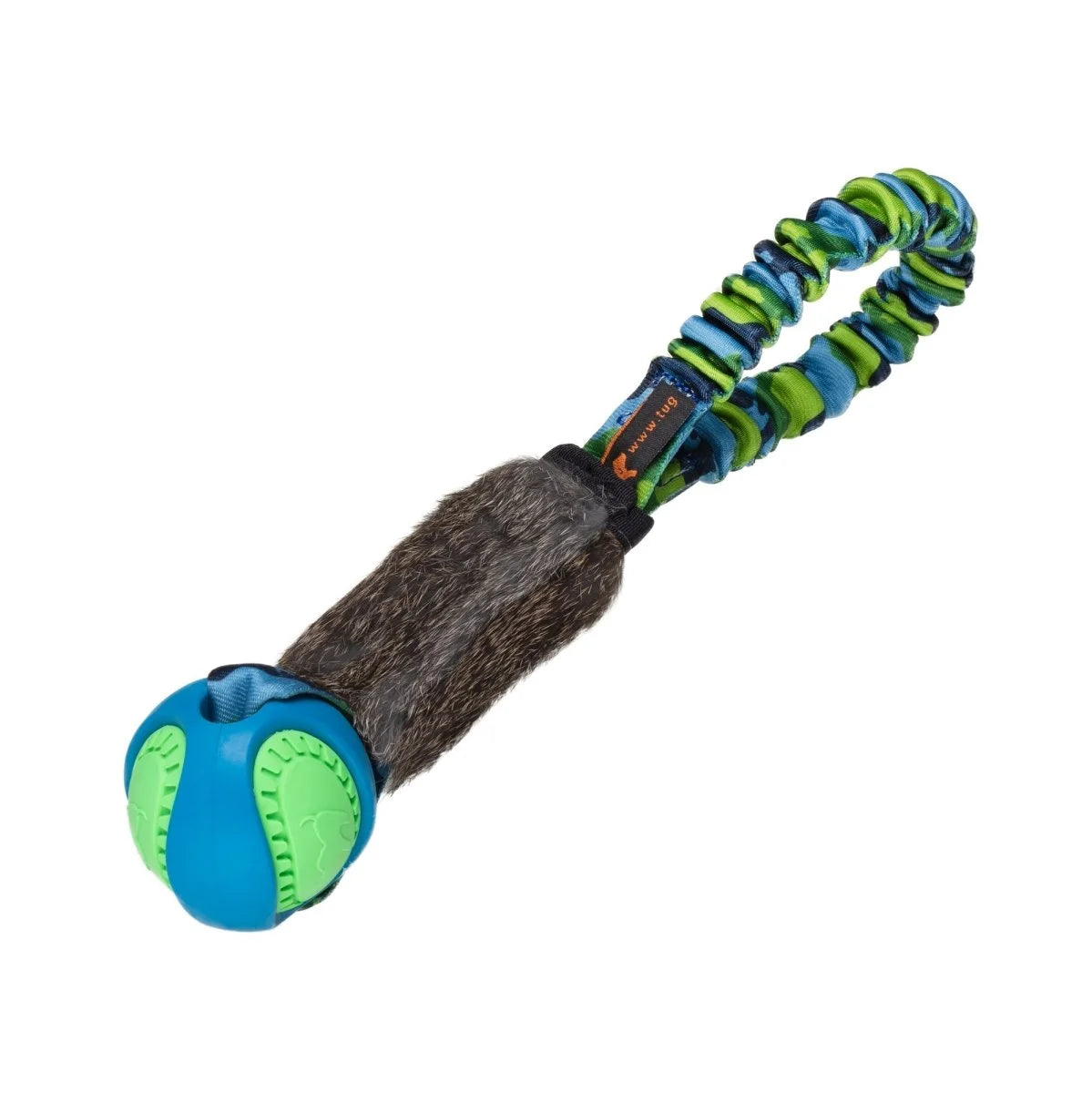 Green‑handled Wondabunny Pocket Powerball featuring real rabbit fur, easy‑grip Powerball grooves, and a bungee handle for joint‑friendly tug and high‑energy chase games