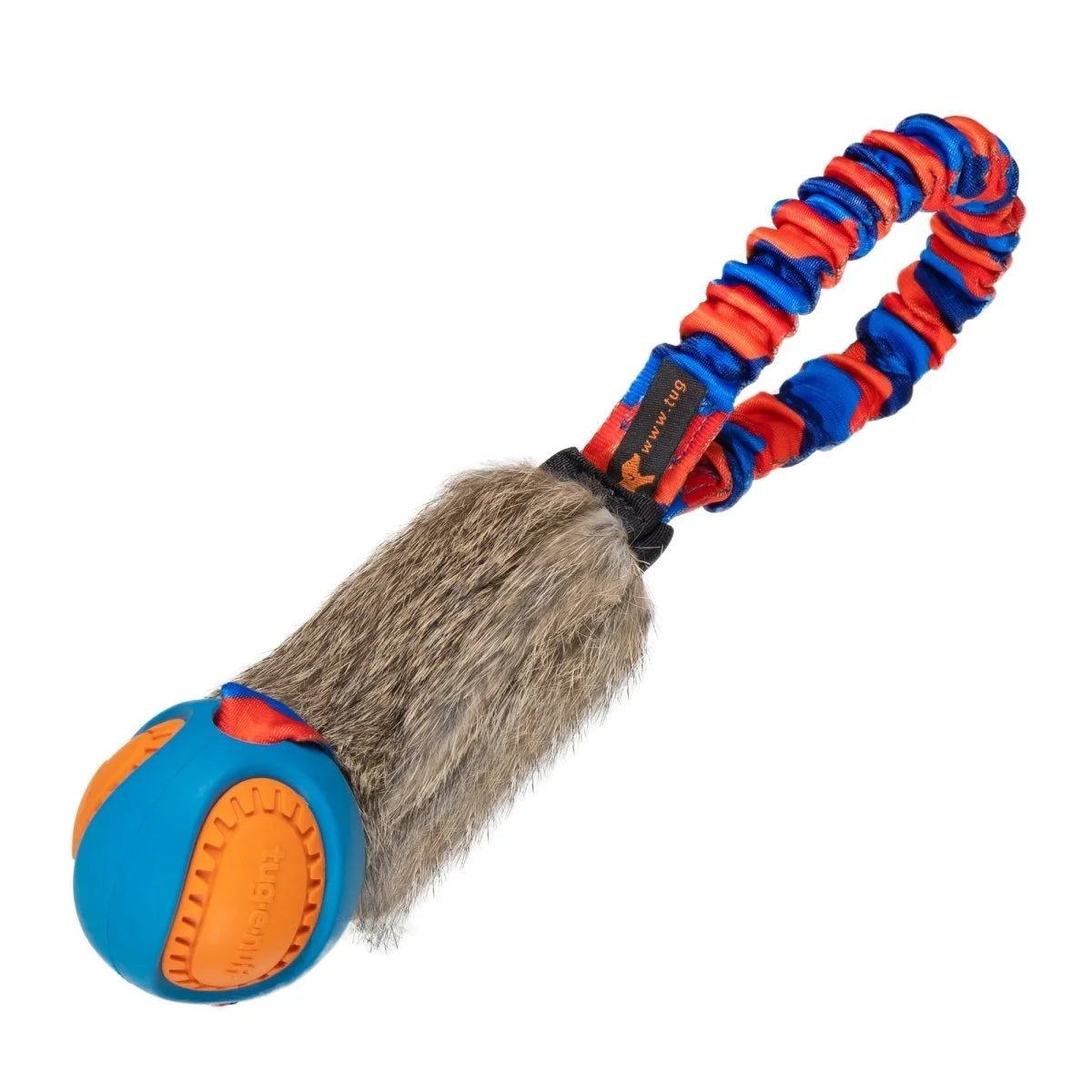 Orange‑handled Wondabunny Pocket Powerball dog toy with naturally scented rabbit fur and a perfectly weighted Powerball for throw, chase, fetch, and tug play
