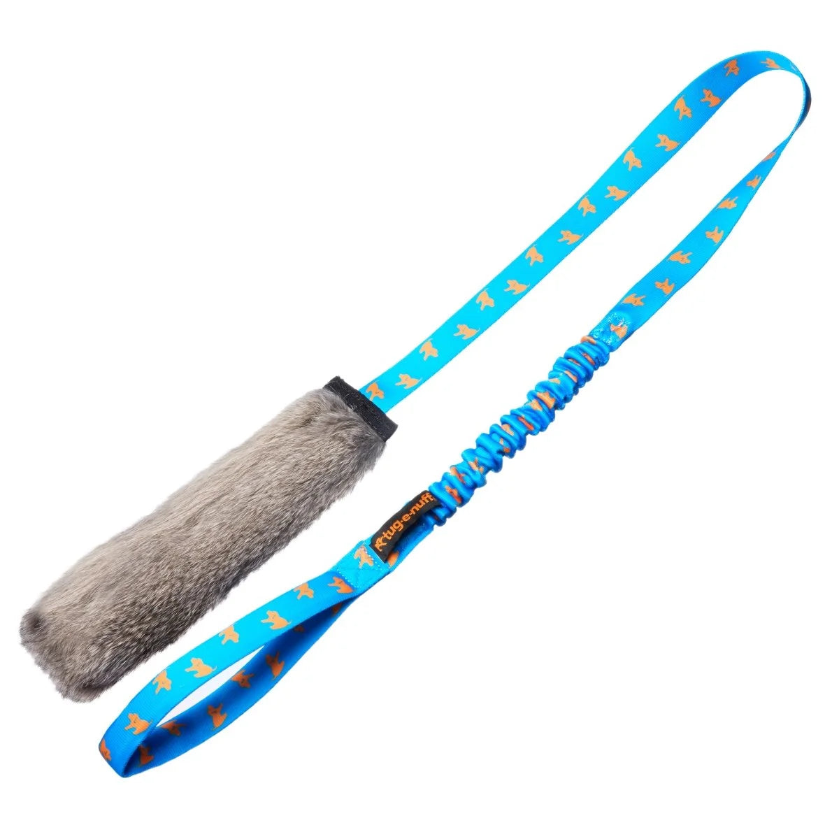 Royal blue‑handled Rabbit Skin Squeaky Bungee Chaser dog toy designed for stalk‑and‑chase enthusiasts, with a tempting rabbit‑fur bite area, squeak, and long bungee handle that creates irresistible prey‑like movement