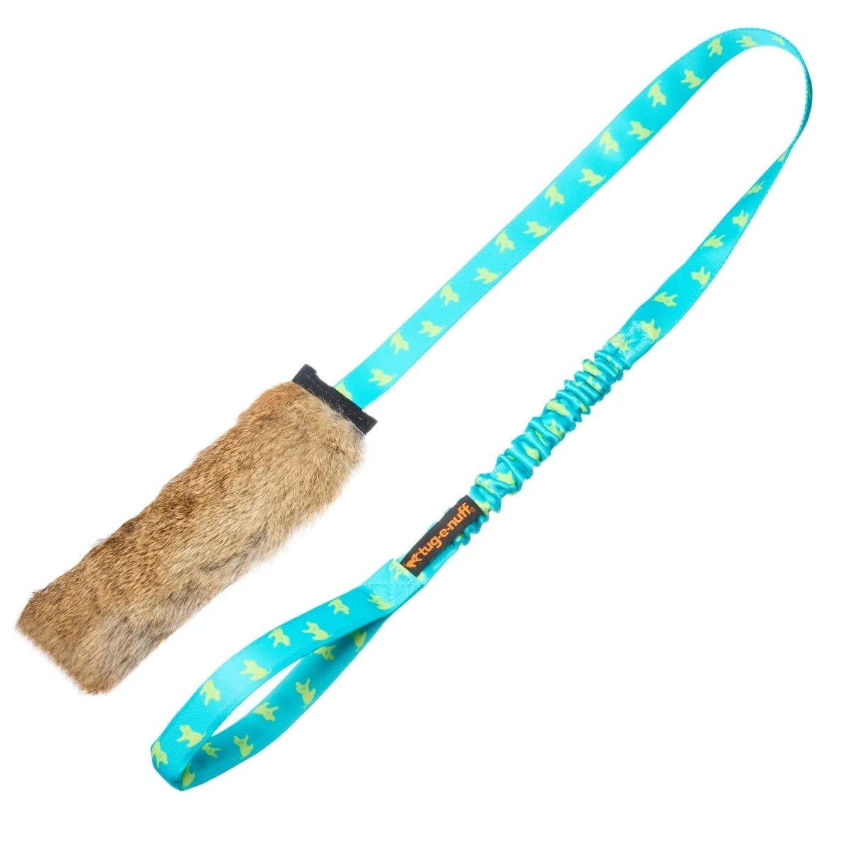 Teal‑handled Rabbit Skin Squeaky Bungee Chaser featuring a soft, scented rabbit‑fur bite zone, squeaker, and joint‑friendly bungee handle that keeps high prey‑drive dogs focused on interactive play