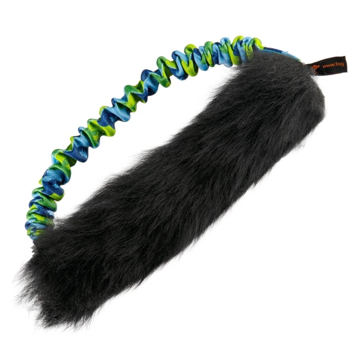 Green‑handled Sheepskin Bungee Ring featuring naturally scented sheepskin and a joint‑friendly bungee handle, built for tough tuggers and distraction‑busting play
