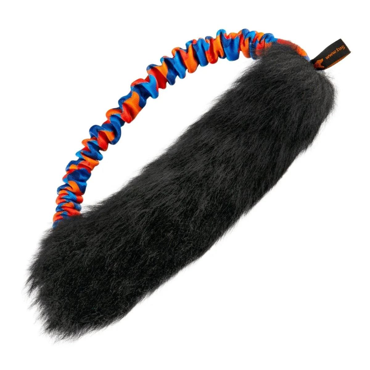 Orange‑handled Sheepskin Bungee Ring dog toy with a large fluffy sheepskin bite zone and shock‑absorbing bungee handle for high‑energy tug, fetch, and recall rewards
